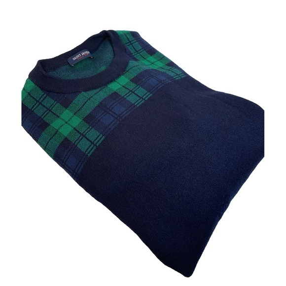 Saint James Sweater New Wool Navy Green Plaid Elbow Patches Men's  Size 48 - Picture 3 of 16